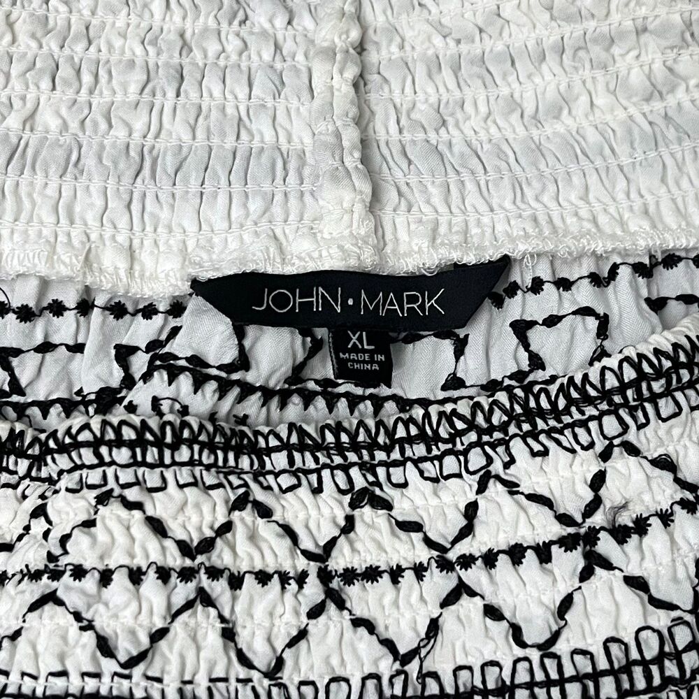 John Mark XL White Black Embroidered Boho Tunic Top Fringe Rayon Peasant Blouse - Picture 5 of 8